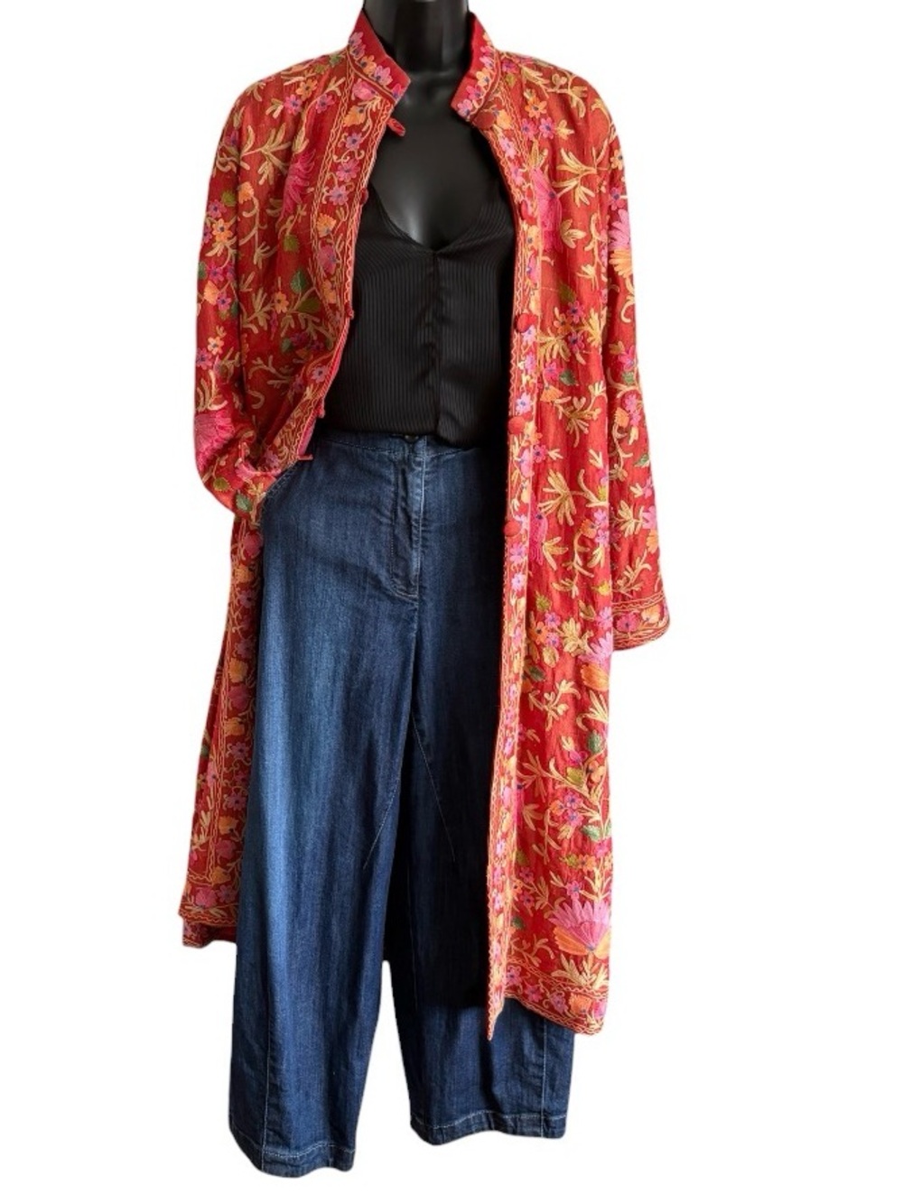 💐ARTISAN Vibrant Red Floral Embroidered Long Coat, Sz M/L